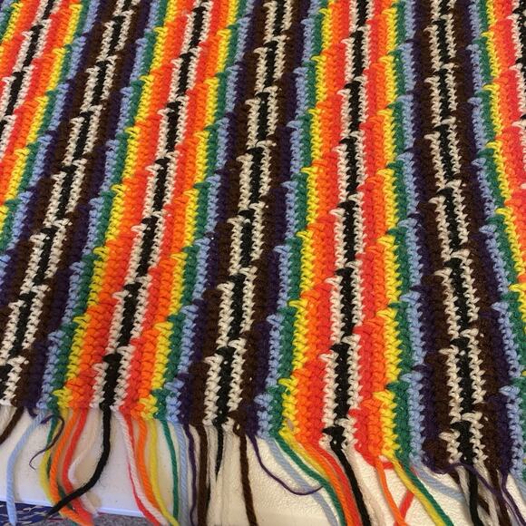 Vintage Hand Knitted Crochet Baby Girl Blanket Afghan Colorful Rainbow Fringed - Picture 1 of 3